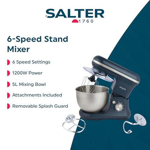 Salter Marino Baking Stand Mixer - 6 Speed Kitchen Mixer With Pulse, 5L Stainless Steel Mixing Bowl, Removable Splash Guard, Whisk, Dough and Beater Attachment, 1200W, Blue/Grey - Image 3