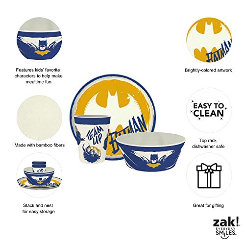Image of Zak Designs DC Comics Batman Kids Dinnerware Set 3 Pieces, Durable and Sustainable Melamine Bamboo Plate, Bowl, and Tumbler are Perfect For Dinner Time With Family (Batman, Robin, Batgirl)