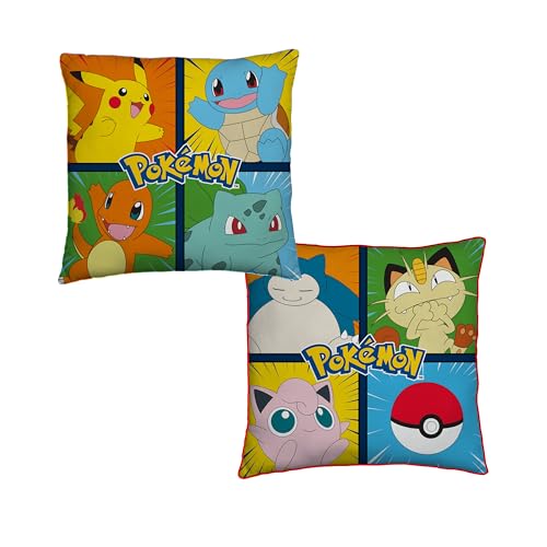 Pokémon Cojín Cuadrado con Licencia Oficial, diseño Retro con Pikachu, Squirtle, Charmander, Jigglypuff, Snorlax, Almohada Reversible de 2 Caras, Cualquier Dormitorio Infantil