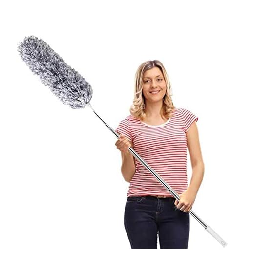 Microfiber Duster with Extension Pole(Stainless Steel), Extra Long 100 inches, with Bendable Head, Extendable Duster for Cleaning Ceiling Fan, High Ceiling, Keyboard, Furniture & Cobweb Grey