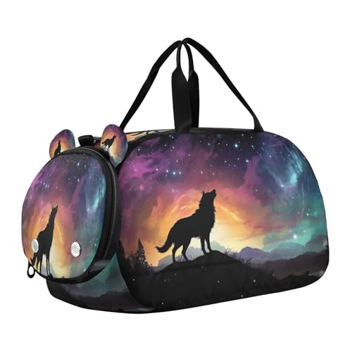 YETTASBIN Sport Travel Duffel Bag for Girls Boys, Galaxy Wolf Large Waterproof Weekender Overnight Bag, Detachable Shoulder Strap Gym Bag with Shoe Compartment & Wet Pocket
