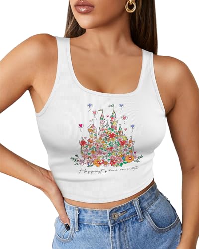 Flafens Crop Tops for Women Summer Tank Tops - Cute Ribbed Knit U Neck Graphic Sleeveless T Shirts Workout Yoga Gym Short Tanktops Flower Castle Teen Girls for Going Out Daily, Medium