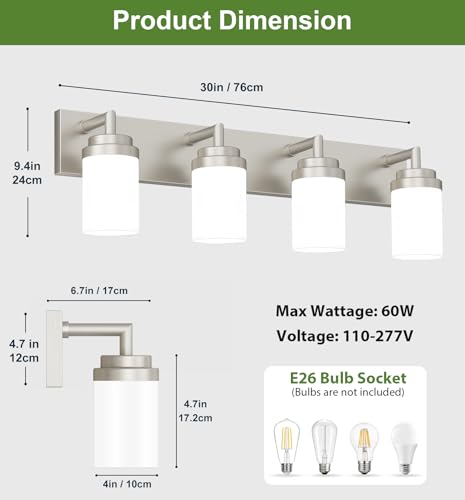 Image of Bathroom Light Fixtures, Brushed Nickel Bathroom Lighting Fixtures Over Mirror, Modern Vanity Light with White Glass Shade, Restroom Lighting Fixtures, 4-Light 30-inch