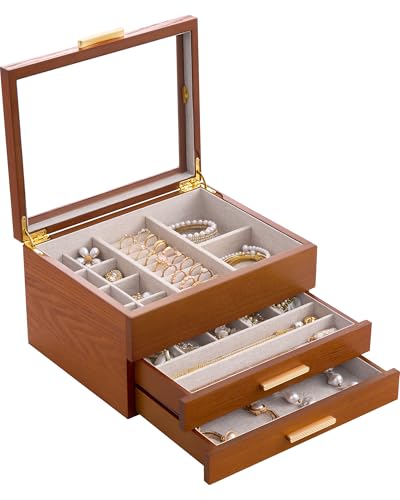 Lolalet Holzmaserung Schmuckkästchen, Groß Schmuckaufbewahrung mit durchsichtige Fenster, Schmuckschatulle Schmuckbox für Ohrringe Armbänder...