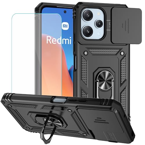 IUQXU for Xiaomi Redmi 12 4G LTE/5G Case with Screen Protector,Redmi 12 Phone Case with Stand Magnetic Ring Holder Kickstand Heavty Duty Durable Cover Compatible with Redmi 12 5G (Black)