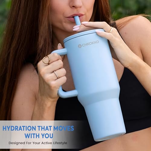 Image of CHKOKKO Stainless Steel Tumbler with Straw & Side Handle 1200ML Leak-Proof Travel Mug | Hot and Cold Double Insulated 1.2L Premium Water Bottle for Travel Gym & Office Use