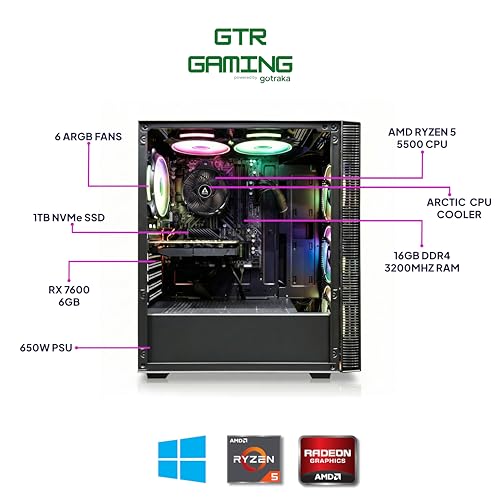 GTR Gaming PC – Ryzen 5 5500 Desktop Computer, Radeon RX 7600 8GB Graphics, 16GB DDR4 RAM, 1TB NVMe SSD, 650W Power Supply, Windows 11 Gaming Desktop PC, Wi-Fi, ARGB Case. - Image 4
