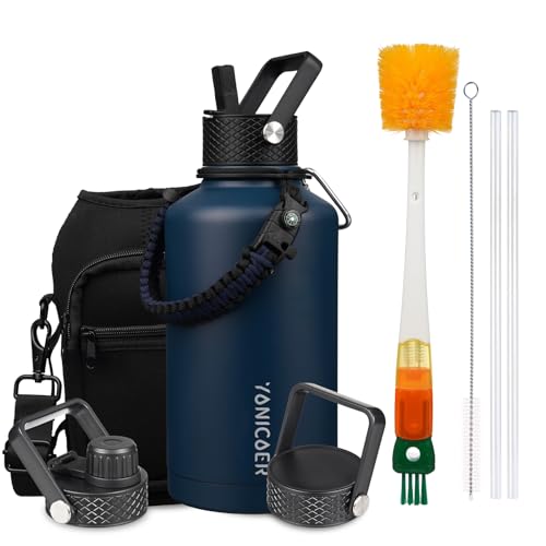 YONICOER Insulated Water Bottle 64oz,Triple Wall Vacuum Stainless Steel(Dishwasher Safe),Leak Proof & Non-BPA,Flask Jug with Paracord Handle & Straw Spout Lids Sports Navy Blue