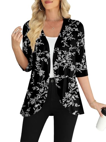 Yincro Women's 3/4 Sleeve Cardigan Casual Lightweight Soft Open Front Cardigans (White Flower Black, L)