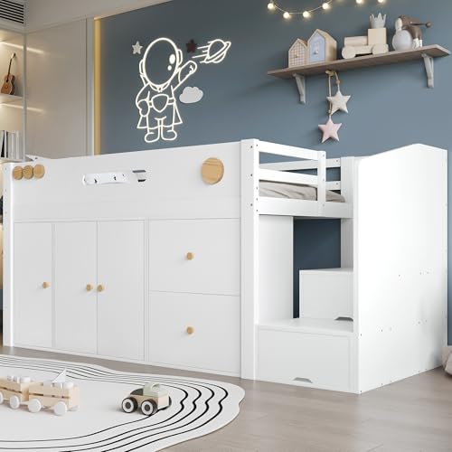 EINHOM Etagenbett 90x200 cm, Kinderbett mit 2 Stauraumschränken und Treppe, Stauraumbett mit Schubladen und Kleiderschrank, mit Fallschutzgeländer, Kiefer, Weiß + Natur (Ohne Matratze)
