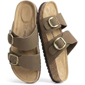 DREAM PAIRS Women's Slides Soft Genuine Footbed Sandals Comfortable Adjustable Double Buckle Slip-on Flat Sandals with Arch Support Frame Dual Slippers for Summer 2026 7.5 Brown
