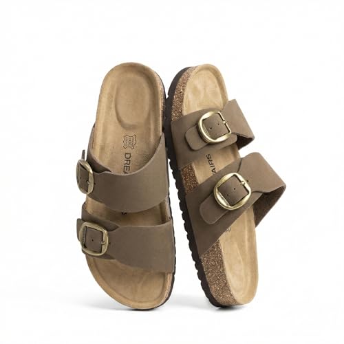DREAM PAIRS Women's Slides Soft Genuine Footbed Sandals Comfortable Adjustable Double Buckle Slip-on Flat Sandals with Arch Support Frame Dual Slipper