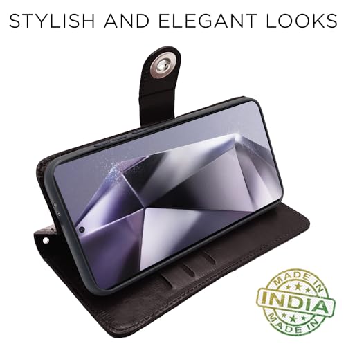 Image of Pikkme Samsung Galaxy S24 Ultra 5G Flip Cover Leather Finish | Inside TPU with Card Pockets | Wallet Stand and Shock Proof | Complete Protection Button Flip Case (Coffee)