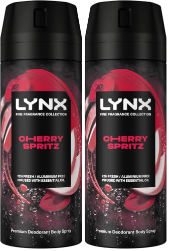Image of Lynx Fine Fragrance Collection Cherry Spritz Premium Body Spray Men's Deodorant infused with a cherry, red apple & amber scent for 72 hours of freshness 150 ml (Pack of 2)