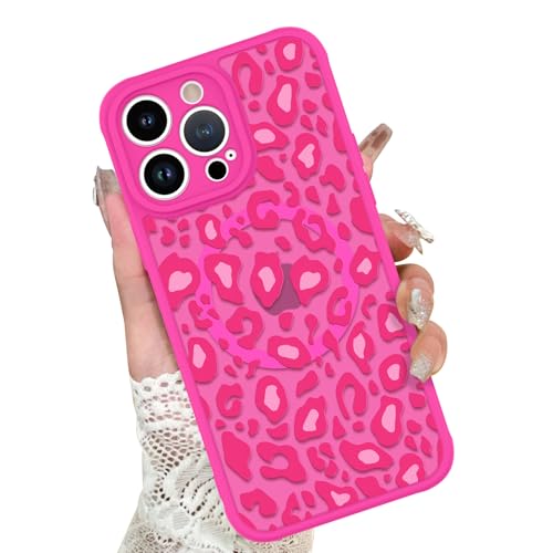 Image of KANGHAR Case for iPhone 12 Pro Max Hot Pink Leopard Printed Pattern | Cute Cheetah [Compatible with Magsafe] Protective Magnetic Case for Girls Women 6.7 inch