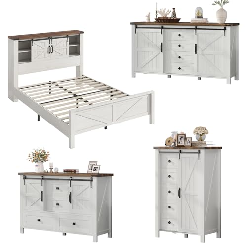 AMERLIFE 4-Piece Farmhouse Bedroom Set in Distressed White Full Size Bed Frame with Bookcase Headboard 5-Drawer Tall Dresser 47 Dresser with 4 Drawers 60 Dresser with 4 Drawers