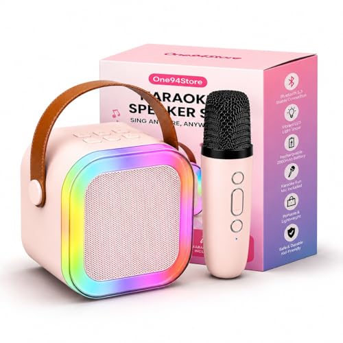 Image of One94Store Portable Bluetooth Speaker 10W with Wireless Karaoke Mic, Bluetooth 5.1, 8H Playtime, 5 Voice Change Effects, RGB LED Lights, TF Card Support, Type-C Charging, Mini Wireless Speaker-Pink