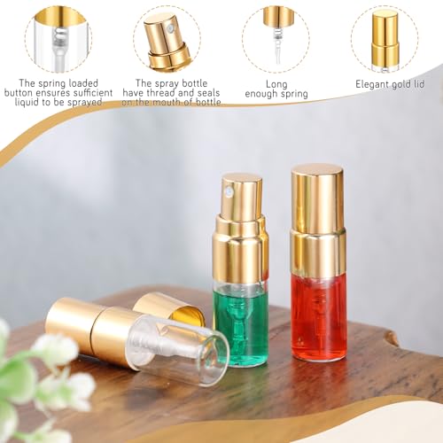 50Pcs 2ml Atomizer Glass Spray Bottle Empty Perfume Bottles Clear Atomizer Sprayer for Perfume Sample Bottles Empty Tiny Spray Bottle Refillable for Travel Fine Mist (Gold Cap)3