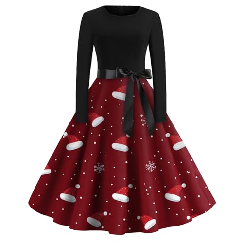 Weihnachtskleid Damen Vintage Weihnachten Druck Partykleid 50er Jahre Rockabilly Kleider Rundhals Langarm Kleid Weihnachtsmotiv Cocktailkleid...