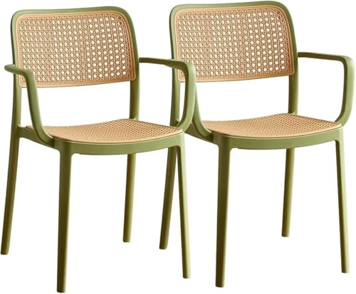Image of NARSA Modern Rattan Style Dining Chair for Home & Cafe | Cane Pattern Plastic Chair with Ergonomic Backrest | Lightweight & Durable Indoor Outdoor Seating Chair (Green, with Arm, Set of 2)