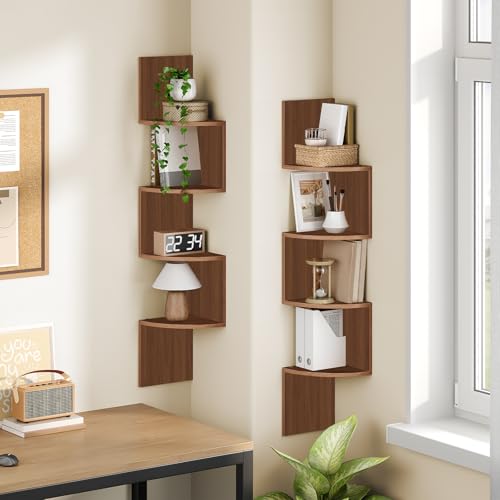 Image of HOOBRO Corner Shelf Wall-Mounted, Set of 2 Floating Corner Shelves for Wall, 4-Tier Corner Bookshelves for Living Room, Bedroom, Bathroom, Home Office, Walnut WL25BJP201
