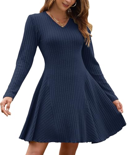 AUSELILY Herbstkleid Damen Leichte Strickkleid A Linie Langarm Kleid Herbst V Ausschnitt Winterkleid Elegant Pulloverkleid Marineblau XL