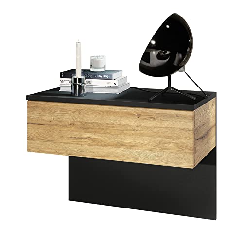 Vladon Mesita de Noche Sleep, Cómoda de Noche con Cajón para Montaje en Pared, Negro Mate/Roble Natural (60 x 46 x 35 cm)