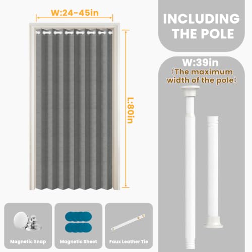 Image of Blackout Sliding Door Curtains for Doorways with Curtain Rods 28-39 In Length, Accordion Doors for Doorway, Magnetic Door Curtain for Bedroom Doorway Curtain Set, 1 Panel, W45 x L80 inch, Dark Grey
