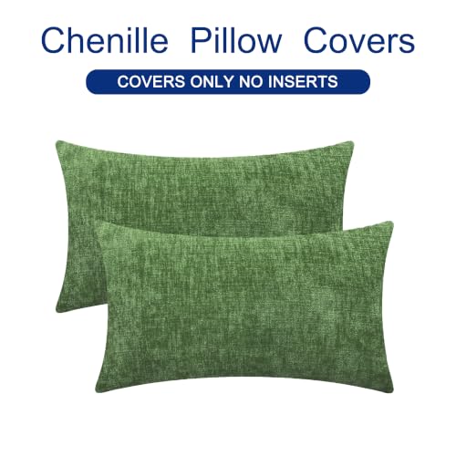 Image of CaliTime Pack of 2 Cozy Bolster Pillow Covers Cases for Couch Sofa Home Decoration Solid Dyed Soft Chenille 12 X 20 Inches Forest Green