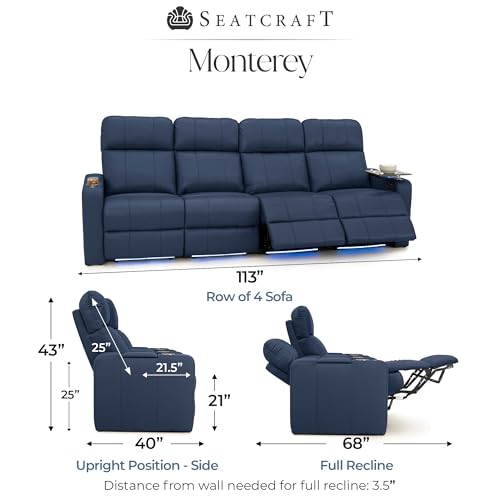 Image of Seatcraft Monterey Home Theater Seating Navy Blue Row of 4 Sofa | Italian Leather, Wall Hugger, Zero Gravity, Powered Headrest, Power Recline, Zero Gap, USB charging