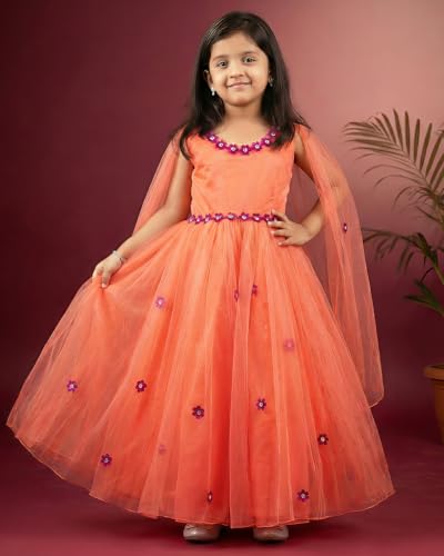 Image of Stanwells Kids Dress for Girls Embroiderd Full Length Frock for Baby Girls Flower Gown Ruffle Pattern Back Zipper Beautiful Sleeveless Birthday Dress for Girls Coral (1-9 Years)