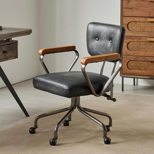 PELLEBAR Chaise de Bureau pour Home Office en Cuir Véritable Style Mid-Century, Chaise Pivotante avec Dossier Inclinable, Design Industriel Vintage, Noire