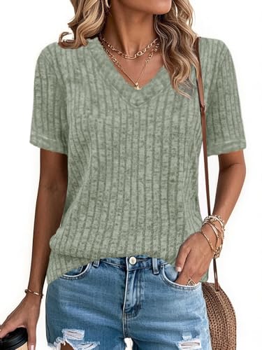 Short Sleeve Summer Shirts for Women Casual Ribbed Loose Fit Lightweight Spring Sweater Tops 2025