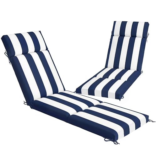 Outsunny Outdoor Chaise Lounge Cushions Set of 2, Chaise Lounge Cushions with 6 Ties, High-Density Foam, 72 x 21.1 x 2.6 Inch Water-Repellent and UV-Resistant for Patio, Poolside, Dark Blue and White
