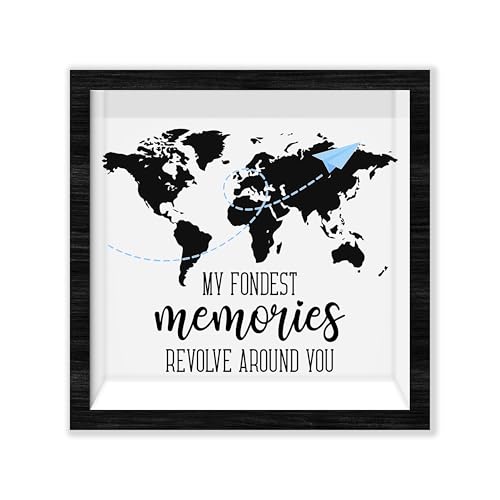 Black Travel Shadow Box Frame with Slot, My Fondest Memories Revolve Around You Boxes Frames for Fund, 8x8 Memory Box for Keepsakes, Travel Gifts and Decorations, 07
