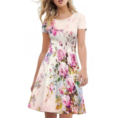 Image of HUGS IDEA Womens Puffy Swing Midi Dress Round Neck Short Sleeve Party A-Line Dresses