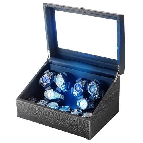 Isili Watch Winder für Automatikuhren, Luxus-Uhrenbeweger mit LED-Beleuchtung, 6er Uhrenbeweger + 6 Staufächer mit leisen Motoren, Geschenk für Valentinstag (PU-Schlangenleder)