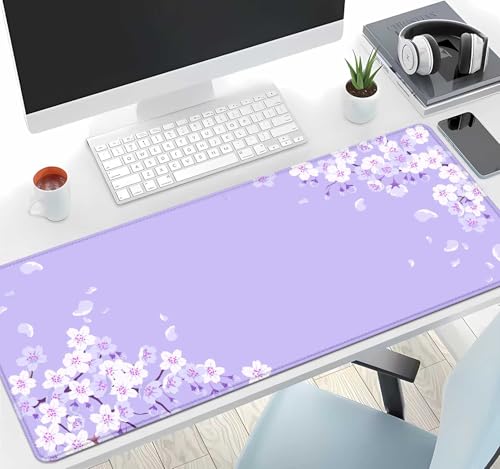 Image of IMAYONDIA Sakura Japanese Desk Mat, Cherry Blossom Large Gaming Mouse Pad, Elegant Floral Mousepad for Women, Purple Flowers Aesthetic Desk Pad for Work Decor, Game, Office, 31.5x11.8