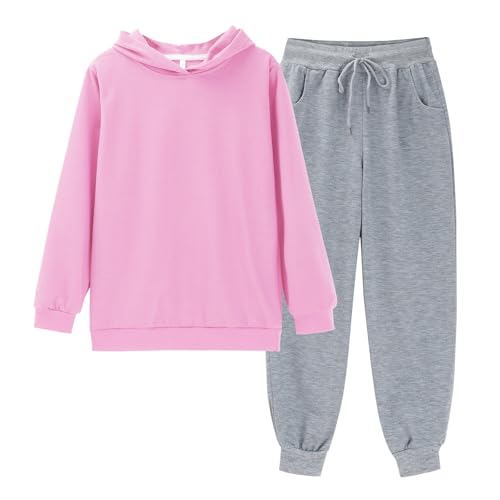 Chándal fino para niños y niñas, sudadera de manga larga con capucha y pantalones deportivos grises, conjunto deportivo para la escuela, casual, al aire libre, correr, uso diario, trajes cómodos, rosa