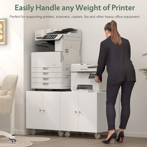 Image of Metal Printer Stand, Rolling Table for Printers, Large Printers Table with Storage, Office Printer Stand for Copier, Fax, Heavy Duty Stands with Shelf for School, Workplace, White