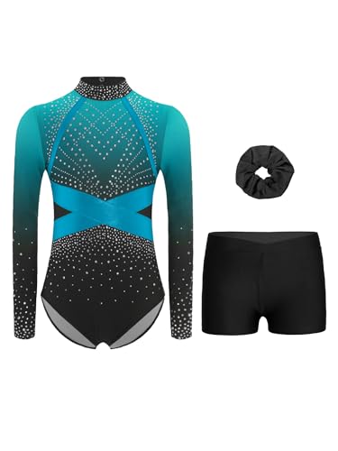 Miutii Mädchen Turnanzug Glitzer Gymnastikanzug Langarm Ballettanzug mit kurze Hose Haarband Gymnastik Leotard Eislaufen Tanzkostüm A Hellblau 146-152