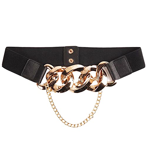 U Scinan Fashion Elastic Belt Women Stylish Gold Chain Cinch Belt Wide Black Corset Waistband for Dress Jeans Pants