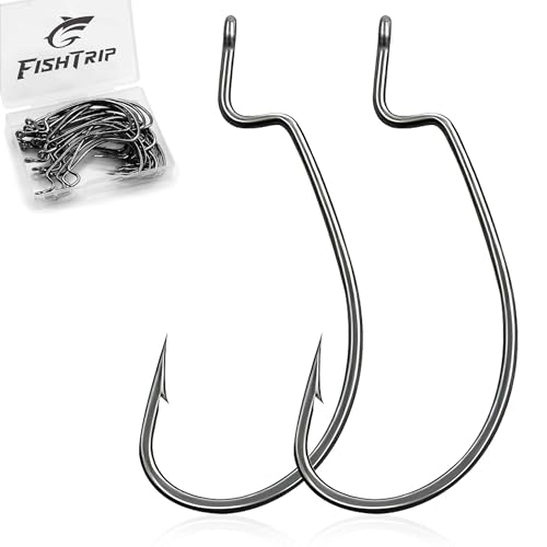 FishTrip 50pcs EWG Fishing Hooks, Bass Fishing Hooks, Offset Worm Hooks, Texas Rig Hooks, Live Bait Hooks, Size 1/0