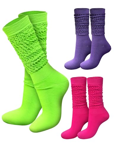 Neon Slouch Scrunch Socks 3 Pairs 80s Accessories for Women, Neon Women's Leg Warmers Heavy Soft Extra Long Socks