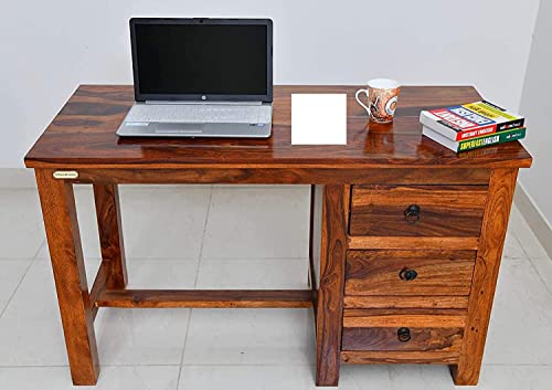 Image of Wooden Study Writing Table with 3 Storage Drawer for Study Room Living Room Hall Home Office Soild Sheesham Wood | Honey Finish