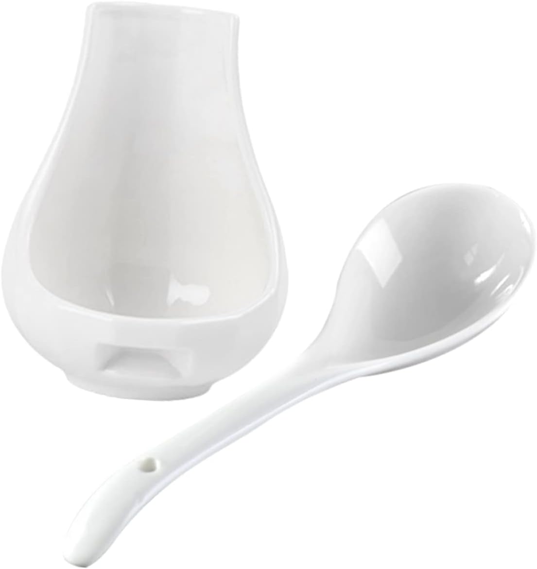 COLLBATH Large Ceramic Soup Spoon with Spoon Rest 8.85 Inch Porcelain Ladle Utensil Holder for Kitchen Dining Table Family Meals and Serving