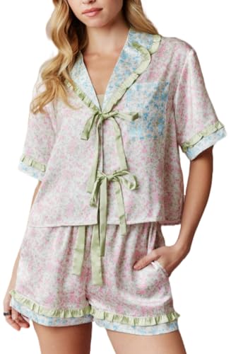Womens Cute Bow Tie Front Pajamas Summer Y2k Floral Pjs 2 Piece Outfits Puff Sleeve Shirt Ruffle Lounge Shorts Sets