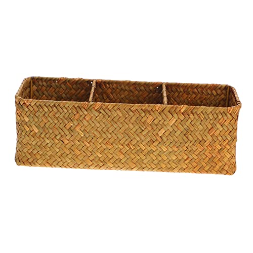Cabilock 1pc Woven Storage Box with Compartments Natural Seagrass Desktop Organizer for Home Office Multi-purpose Sundries Box Elegant Craftsmanship for Tidy Spaces