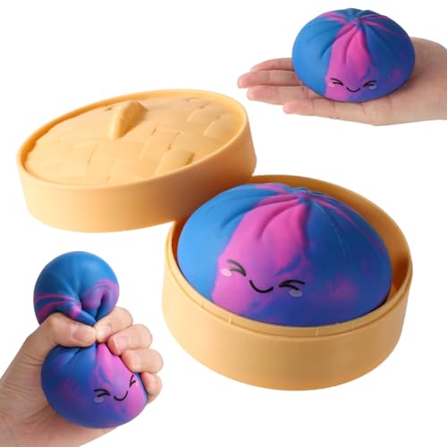 Sinbana Jouet Squishy Géant en Forme de Ravioli avec Boîte Vapeur, Squishy Ravioli Jouet avec Une Expression Adorable pour Adultes Anniversaire Fête Cadeau (Bleu Violet)