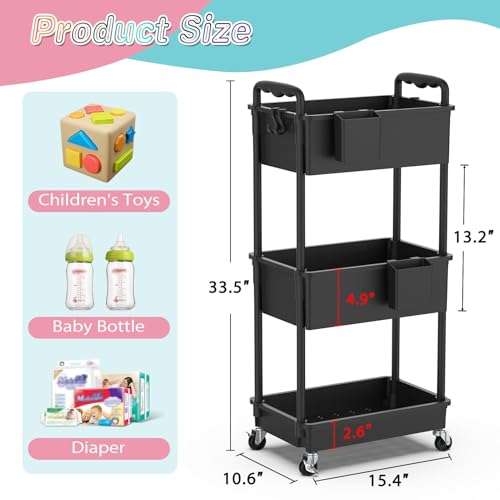 Image of SUNALLY Baby Diaper Caddy Cart, 3 Tier Rolling Diaper Cart with Lockable Wheels for Nursery Essentials, Large Capacity & Easy Assemble Diaper Storage Organizer for Newborn,New Mom, Black